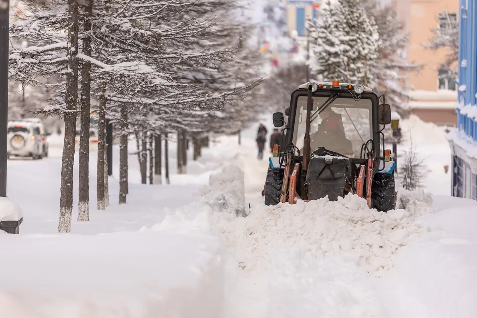 Small tractor clearing deep snow along a tree-lined path
