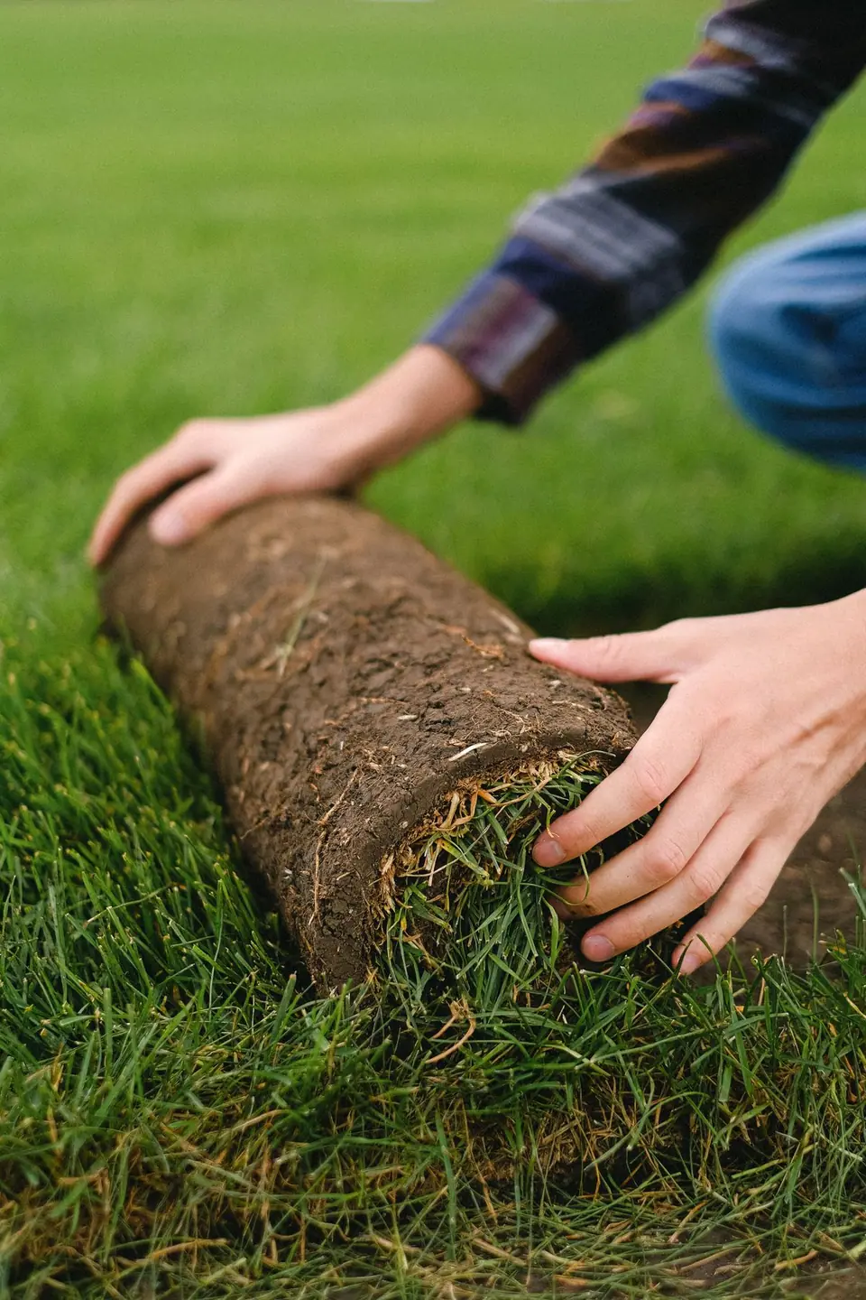 Two hands unrolling a strip of fresh sod onto a lawn