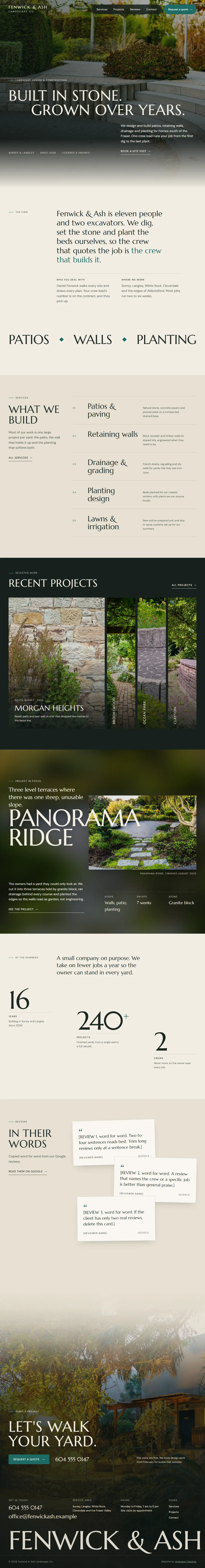 A stonework and planting homepage with large serif headings as it looks on a desktop screen.